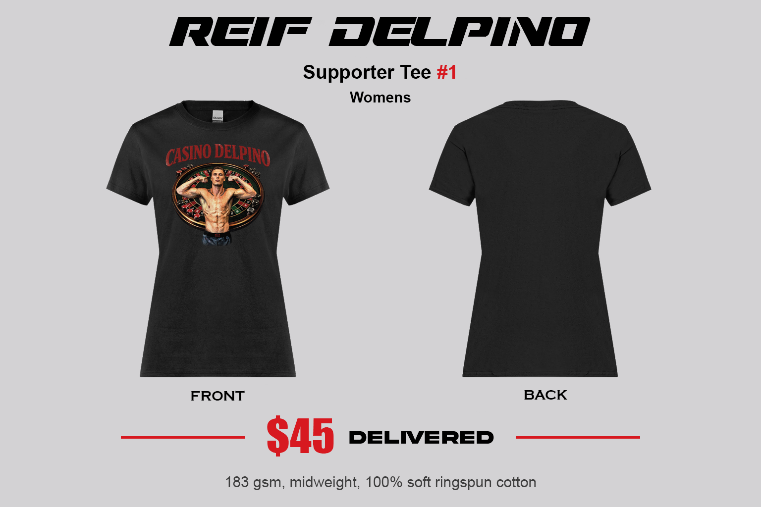 Women’s supporter tee #1 mockup showing the front, back and supplied design details