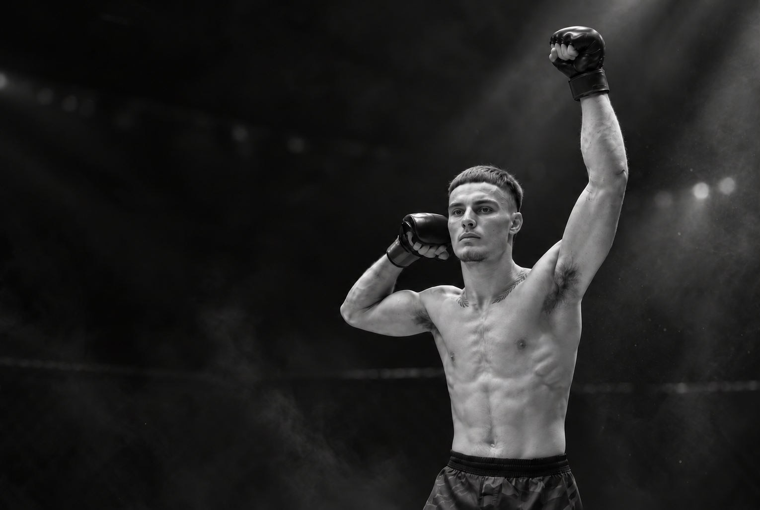 Artistic monochrome photo edit of Reif Delpino in a victory pose